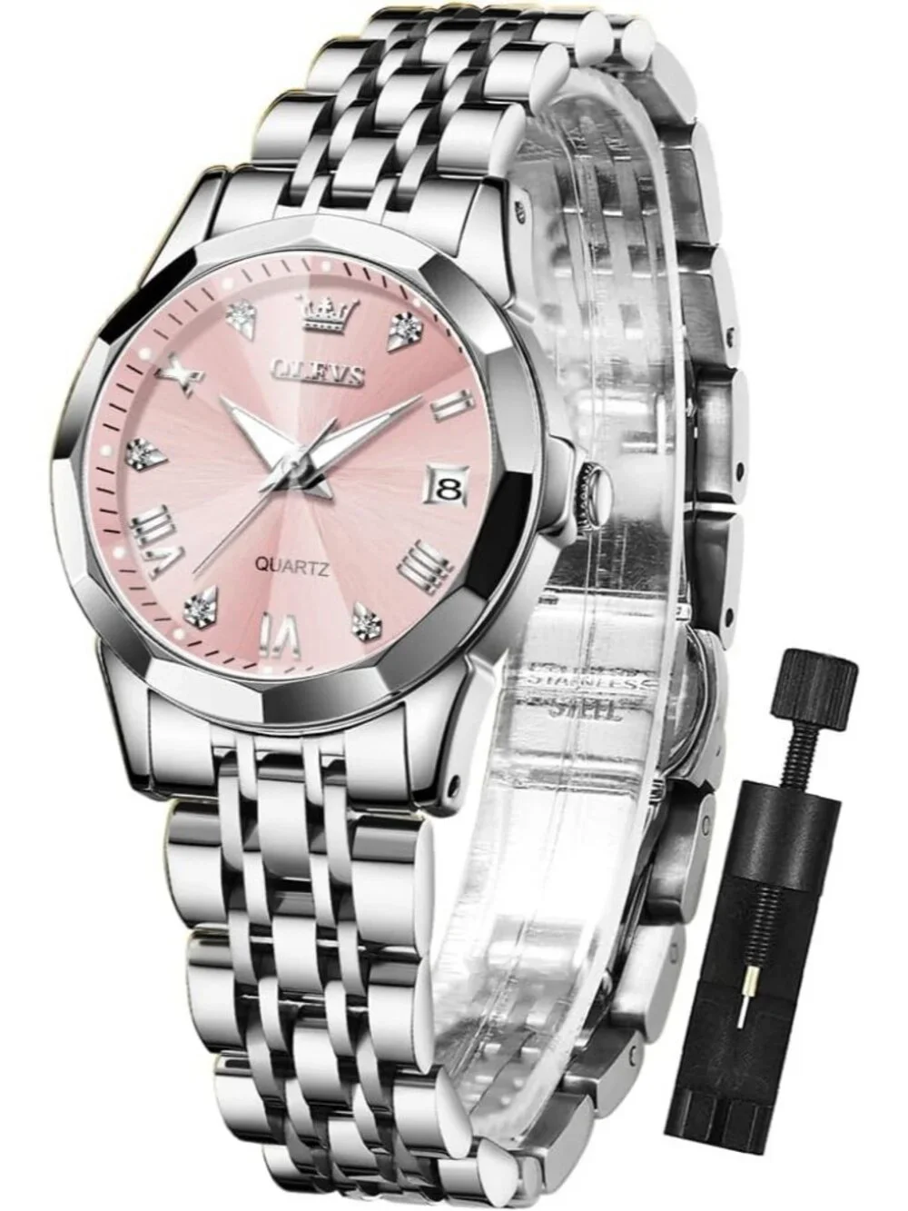 Women's Silver Pink Diamond Analog Stainless Steel Waterproof Date Wrist Watch